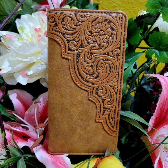 Western Mens Wallet Faux Leather bifold Checkbook Style MONTANA WEST Handtooled